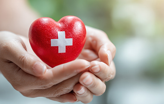 白い十字がプリントされたハートの模型を持つ両手